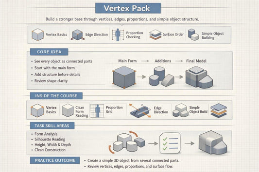 An infographic titled 'Vertex Pack' with a beige grid background, outlining a 3D modeling course or asset pack. It features sections for 'Core Idea', 'Inside the Course', 'Task Skill Areas', and 'Practice Outcome', each illustrated with 3D geometric models and arrows showing object construction and editing concepts.