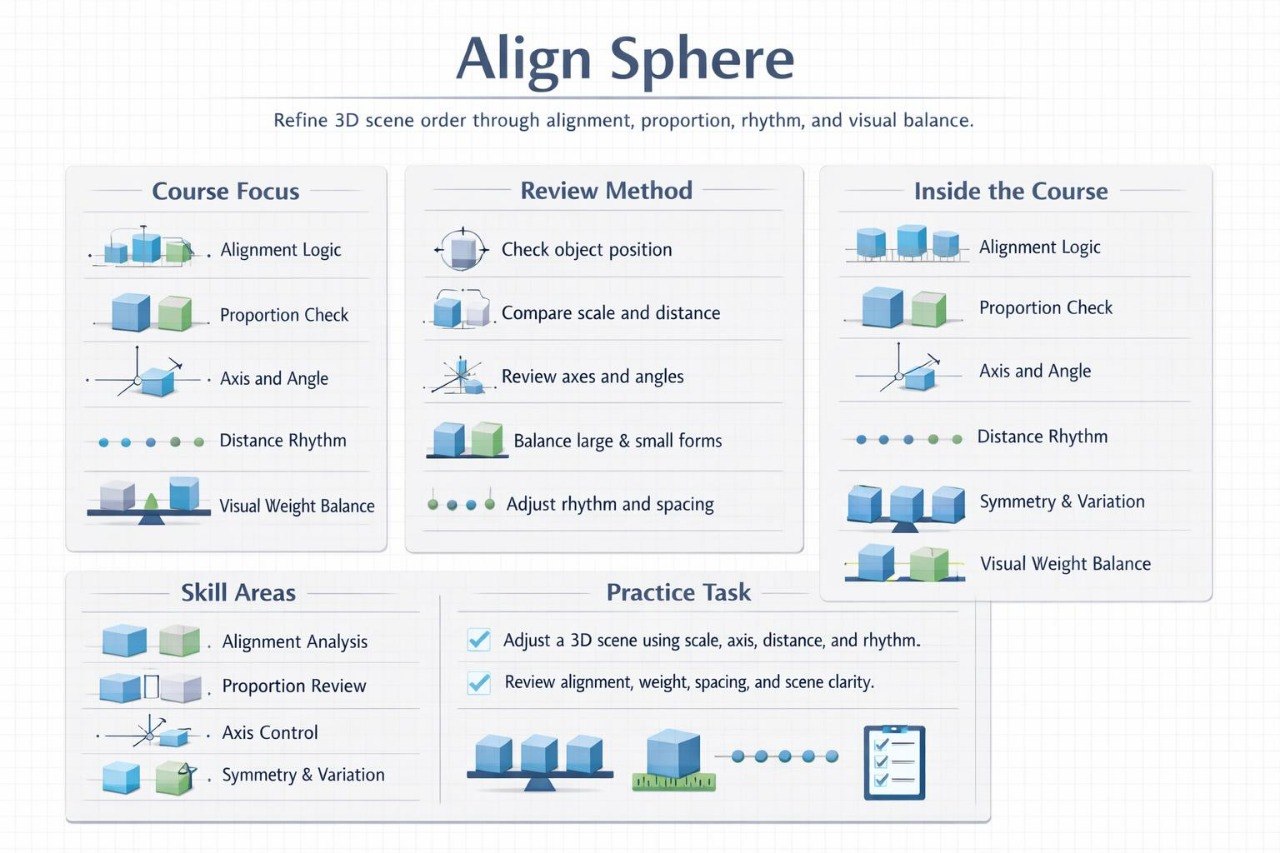 An infographic titled 'Align Sphere' with multiple panels explaining 3D scene composition, including course focus, review method, inside the course topics, skill areas, and practice tasks. The design uses blue, green, and gray icons on a white background with a faint grid.