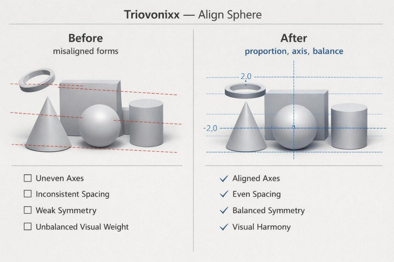 A comparison graphic titled 'Trioivonixx — Align Sphere' showing 3D geometric shapes in a before-and-after layout. The left side, labeled 'Before' and 'misaligned forms,' shows a ring, cube, cone, sphere, and cylinder with dashed red alignment lines and checklist items like uneven axes and inconsistent spacing.