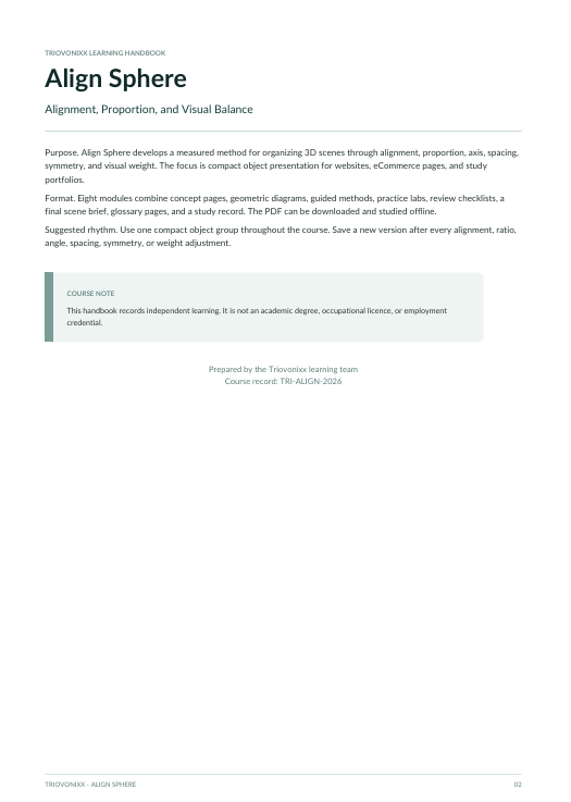 A single-page printed handbook page titled 'Align Sphere: Alignment, Proportion, and Visual Balance' with body text, a small sidebar note, and a light gray footer bar on a white page.