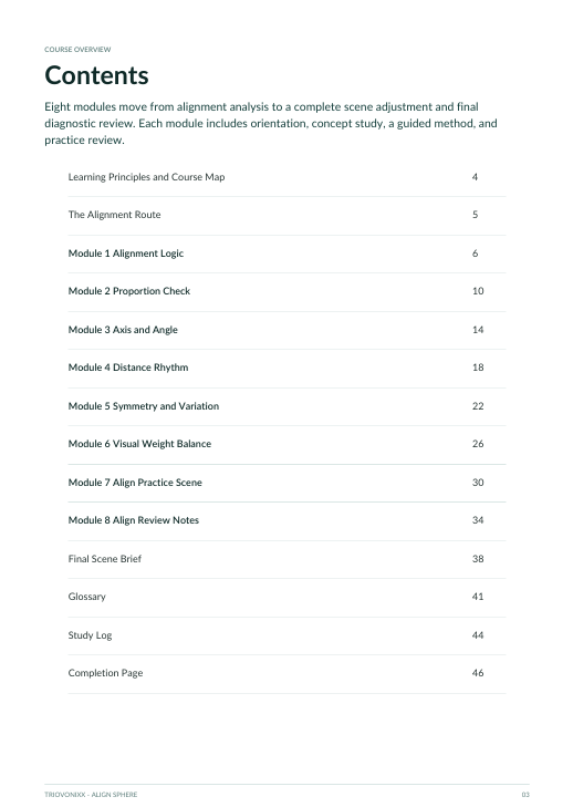 A printed or digital contents page with a table of contents for a music production or audio software module, titled 'Course Overview'. The page lists modules such as 'Learning Principles and Course Map', 'The Alignment Route', and 'Module 3 Alignment Logic' with page numbers on a white background.