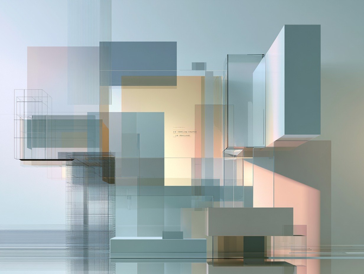 Abstract geometric wall art featuring overlapping translucent rectangular blocks in muted blue, gray, beige, and soft peach tones, with a reflective floor and a small central text detail.