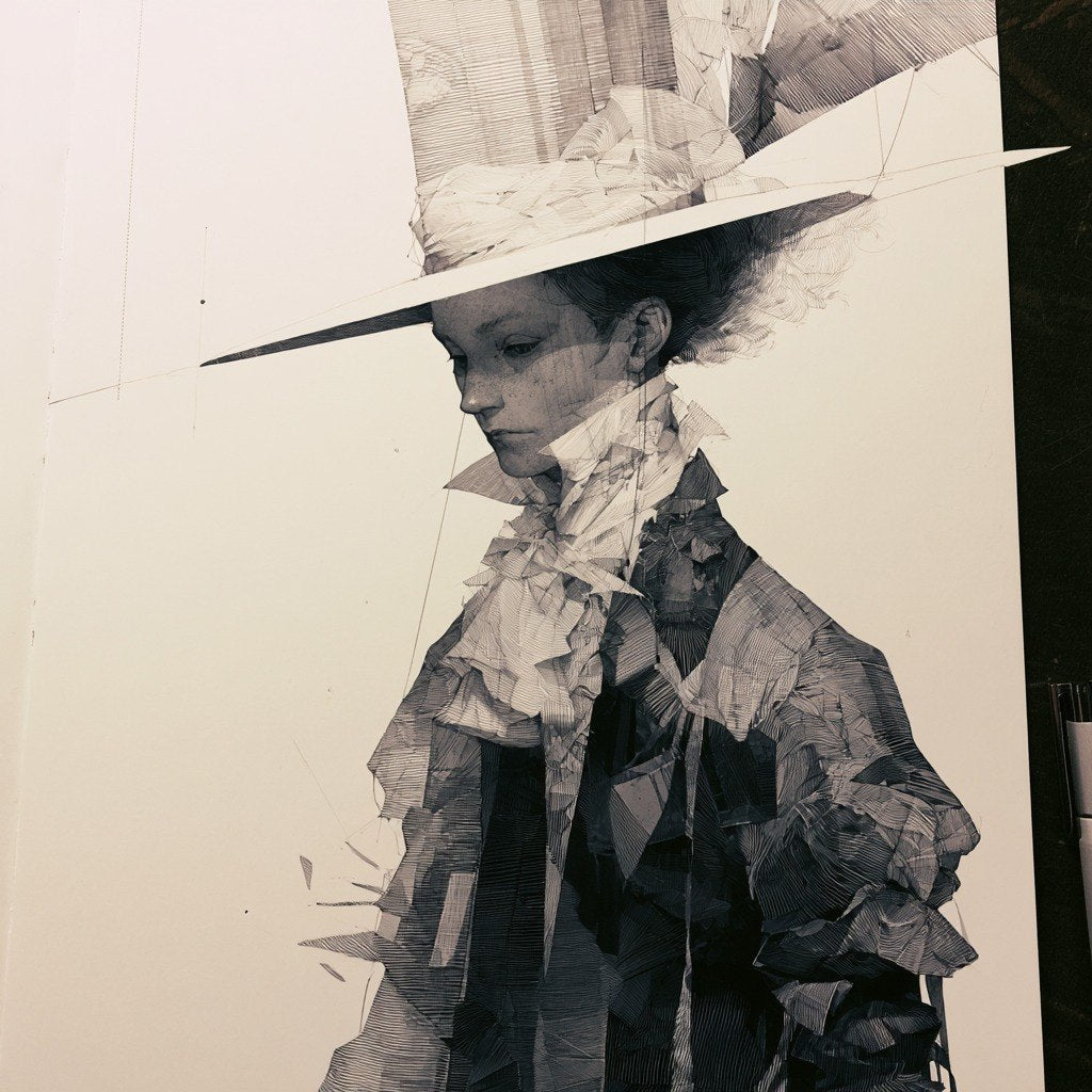 A monochrome artistic portrait print of a woman in a wide-brimmed hat, rendered in layered grayscale tones on a light background.