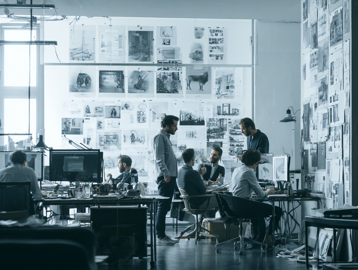 A wide, desaturated office interior with several people seated and standing around desks, with a large wall covered in sketches and photographs behind them.