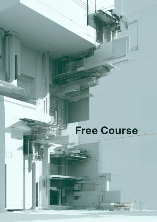 A minimalist architectural photograph of a modern building facade in cool light gray and white tones, with the text 'Free Course' overlaid in the center-right area.