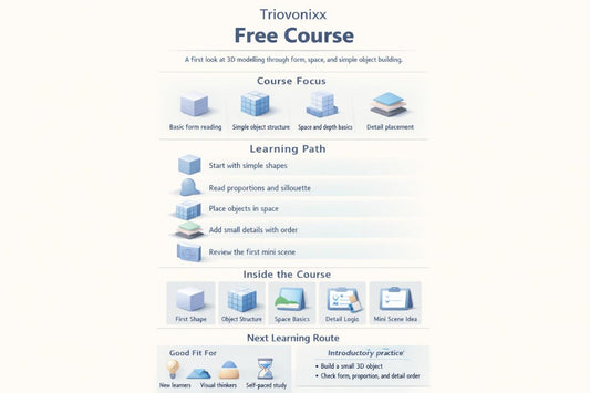 A digital course overview graphic for the Triaionix Free Course, detailing course focus, learning path, and course modules with small blue 3D model icons on a light cream background.
