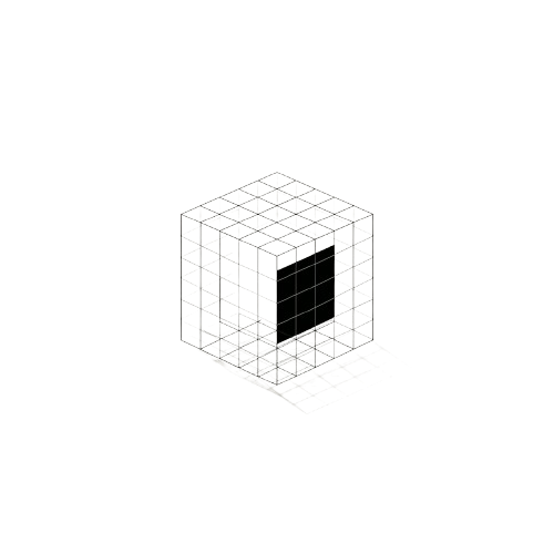 A minimalist black and white isometric wireframe cube with a solid black square panel on one face, set against a solid white background.