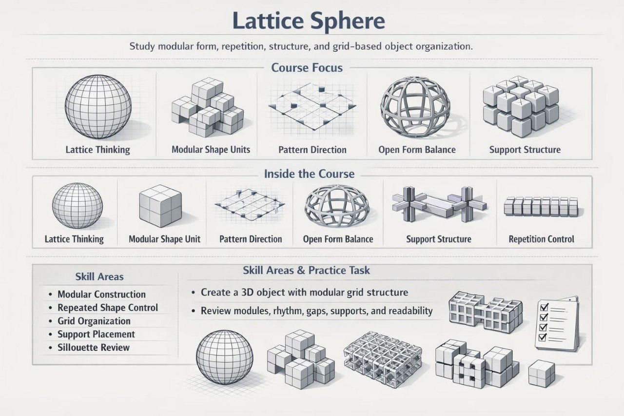 An educational infographic titled 'Lattice Sphere' with grayscale 3D line drawings of geometric shapes and blocks, organized into sections for course focus, inside the course, and skill areas.