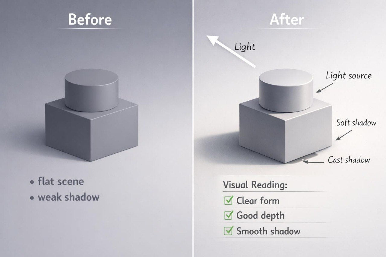 A side-by-side before/after comparison showing a gray cylinder on a gray cube with labeled shadows and light source. The left panel says 'Before' with flat scene and weak shadow; the right panel says 'After' with light source, soft shadow, cast shadow, and visual reading benefits.