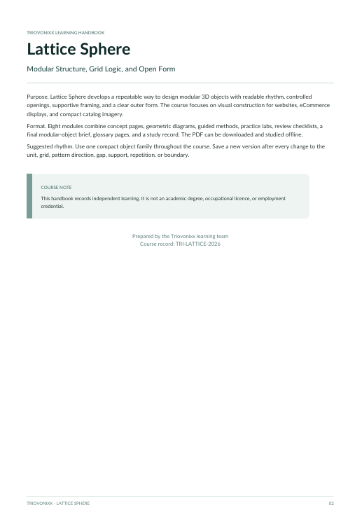 A single-page printed handbook page titled "Lattice Sphere" with introductory text, a small note about course notes, and preparation credit for the Trinoo learning team on a white page.