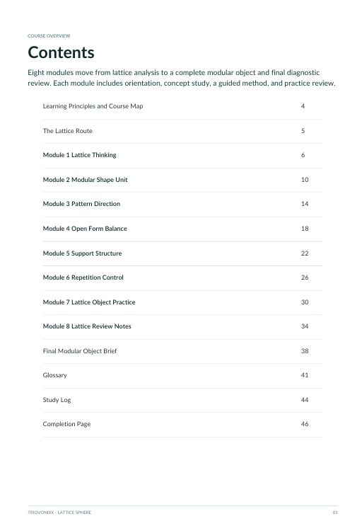 A printed or digital table of contents page titled 'Contents' with a list of modules, pages, glossary, study log, and completion page for a lattice-based review course.