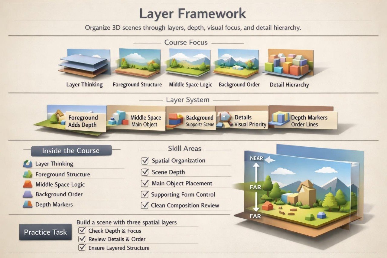 An infographic titled 'Layer Framework' explaining a 3D scene organization system with sections for Course Focus, Layer System, Inside the Course, Skill Areas, and a 3D scene preview labeled near/far depth.