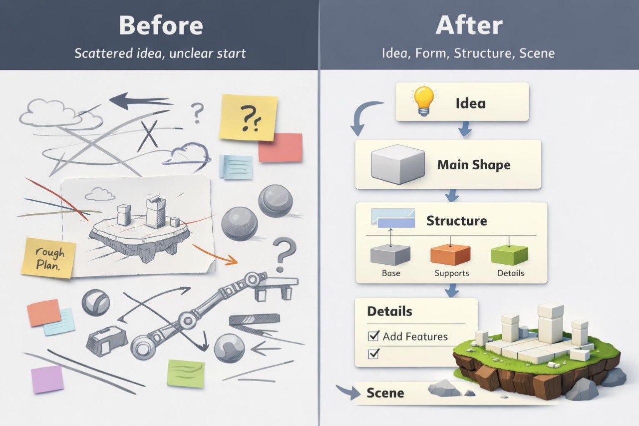 An infographic comparing a messy, scattered sketch phase labeled 'Before' with a structured, organized 3D modeling workflow labeled 'After'. The 'Before' section shows a cluttered collection of rough drafts, arrows, and sticky notes.