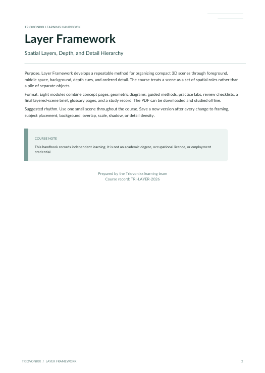 A document page titled 'Layer Framework' with the subtitle 'Spatial Layers, Depth, and Detail Hierarchy' on a white background. The page includes explanatory text, a course note box, and a footer at the bottom.