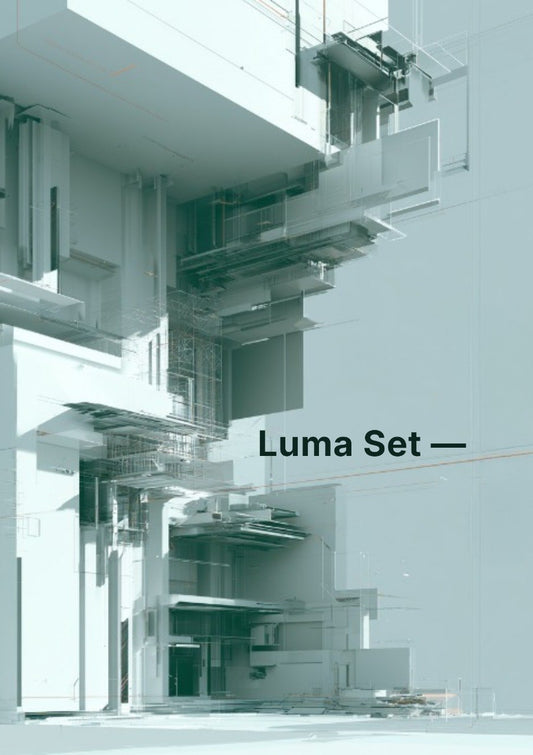 A minimalist architectural rendering or poster-like image showing layered white and pale blue-gray geometric structures with the text 'Luma Set —' overlaid on the right side.