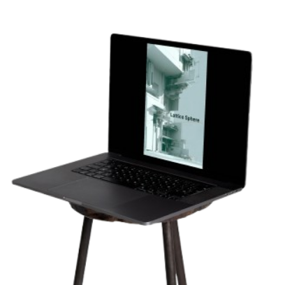 A black laptop displayed on a black metal tripod stand against a solid white background.