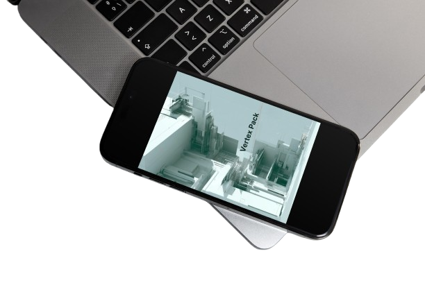 A smartphone lying diagonally across a silver laptop on a white background, with the phone screen displaying a 3D architectural rendering labeled 'Kinetis Park'.