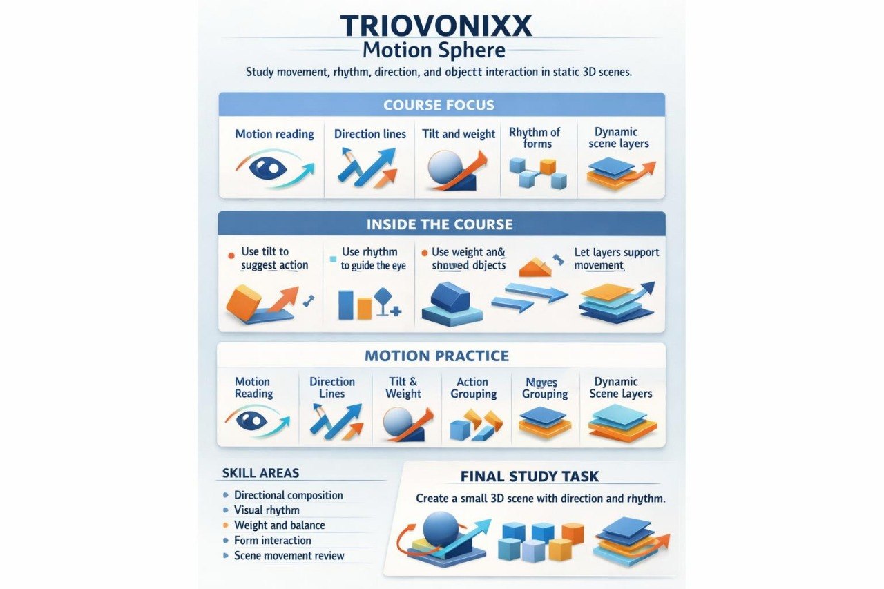 An educational infographic poster titled 'TRIOVONIXX Motion Sphere' detailing course focus, inside the course methods, motion practice skills, and a final study task with various blue, orange, and white vector icons.