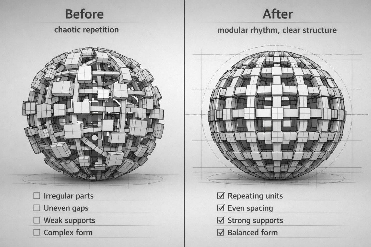 A grayscale before-and-after comparison showing a spherical geometric object. The left side labeled 'Before' shows a chaotic, irregularly assembled sphere with text calling out chaotic repetition and weak supports.