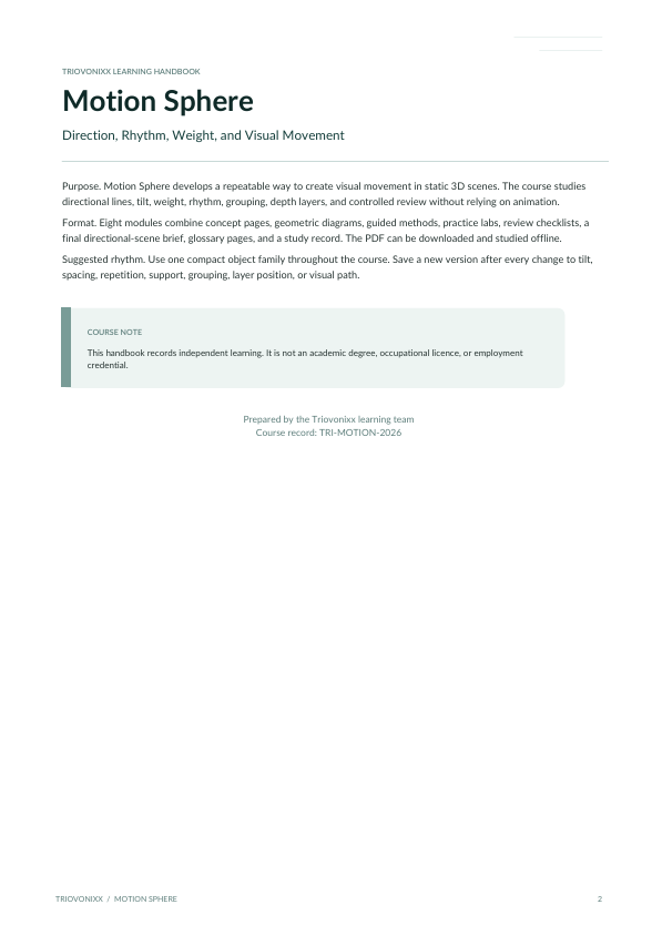 A printed or digital page from a motion learning handbook titled 'Motion Sphere' with black text on a white page and a small gray sidebar note.