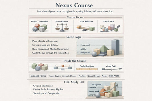 An infographic-style course overview titled 'Nexus Course' with multiple illustrated panels explaining concepts such as object connection, scale balance, visual path, scene logic, grouped forms, and final study tasks. The layout is mostly beige and off-white with small multicolored diagram elements.