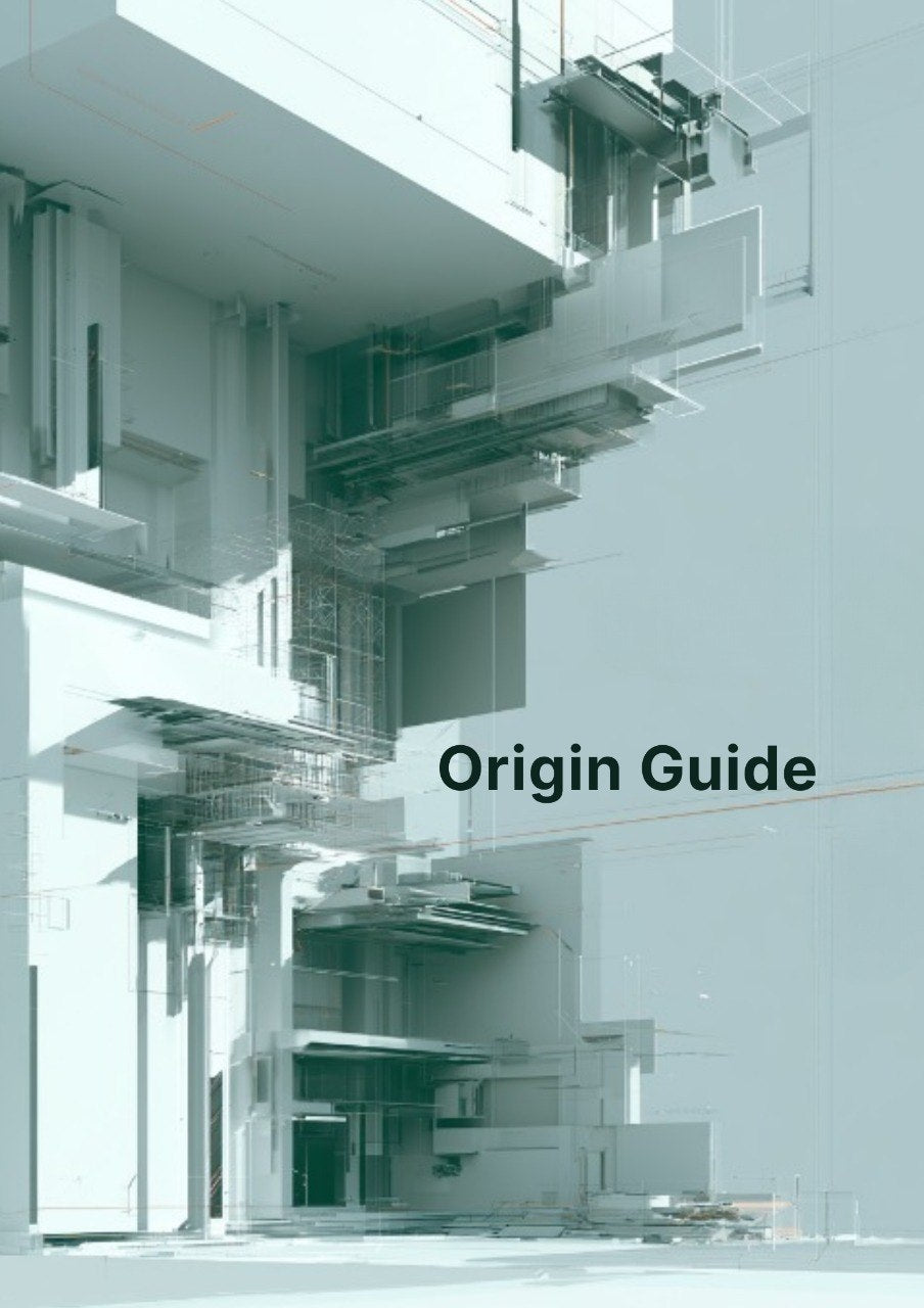 A book cover titled 'Origin Guide' featuring a monochrome architectural rendering of a modern building structure in cool light blue-gray tones.