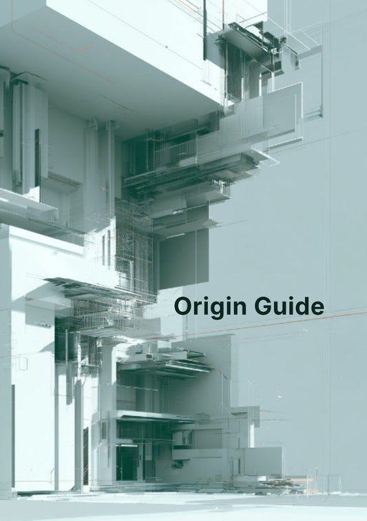 A book cover titled 'Origin Guide' featuring a monochrome architectural rendering of a modern building structure in cool light blue-gray tones.