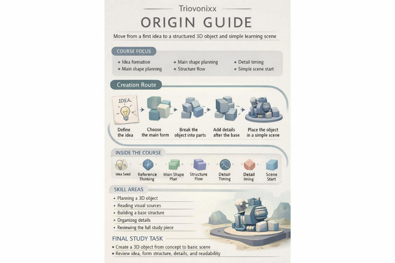 An infographic poster titled 'TrioVonix Origin Guide' detailing the course focus, creation route, skills areas, and final study task of the TrioVonix 3D modeling course, featuring illustrations of 3D models and a blue boat.