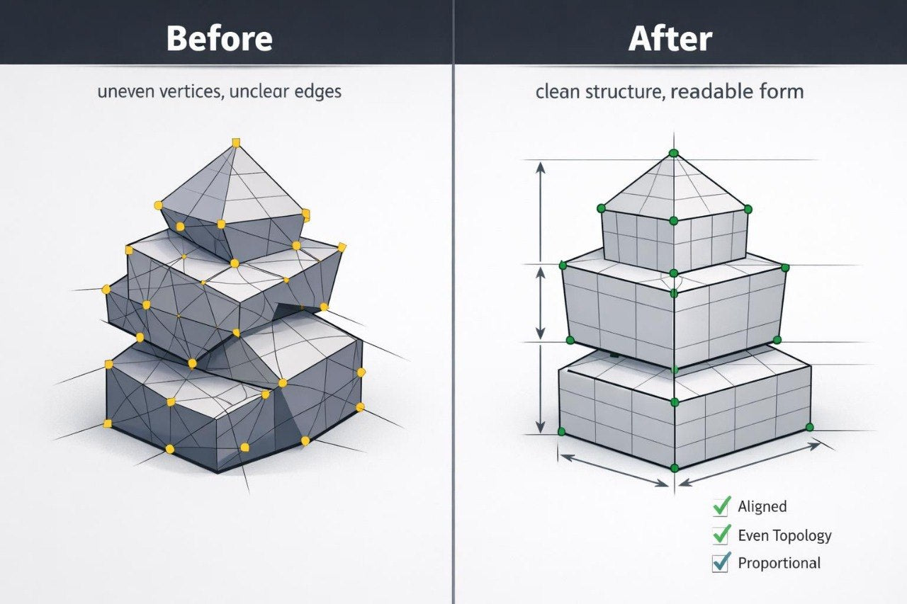 A before-and-after comparison graphic showing a stacked geometric structure. The left side, labeled 'Before,' shows uneven vertices and unclear edges with a faceted gray model.