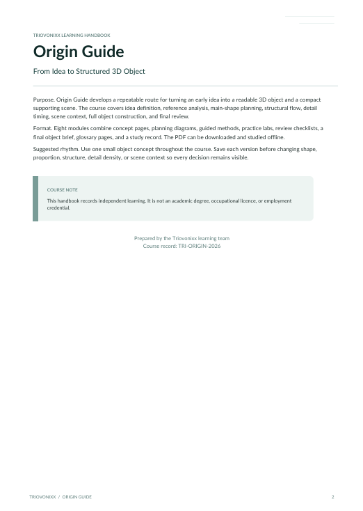 A single-page document titled 'Origin Guide' from The Trigonometry Learning Team, explaining the origin of a 3D object in a math curriculum.