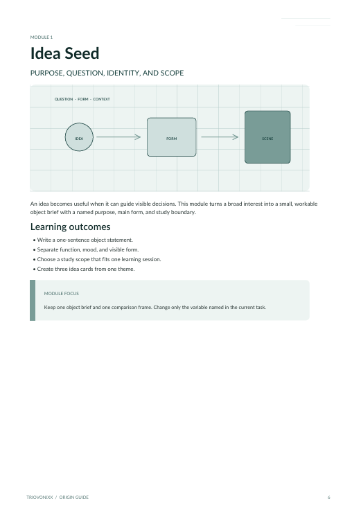 A page from a business or design guide titled 'Idea Seed' showing a flowchart diagram with boxes labeled 'purpose', 'question', 'identity', and 'scope', plus learning outcomes and a small 'mockup folder' box.