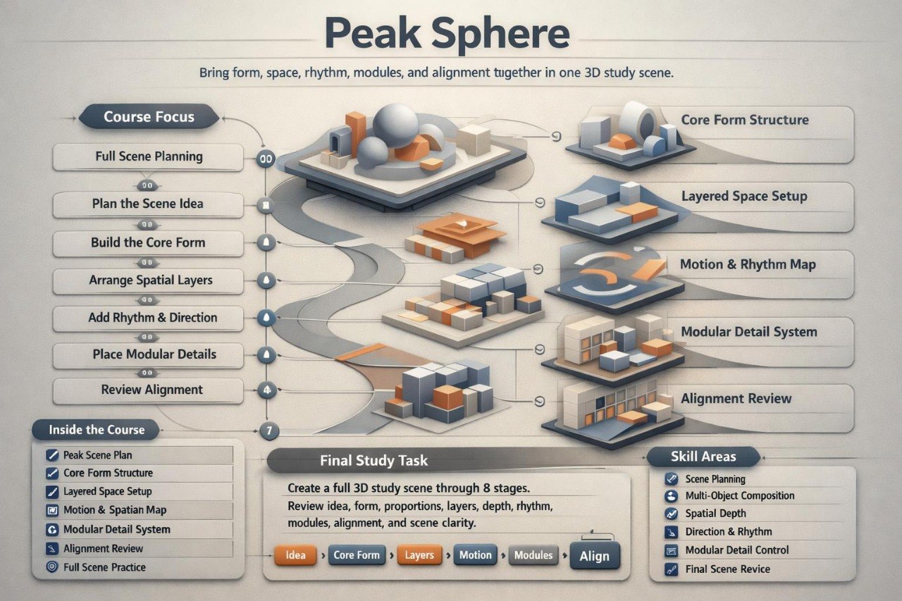 An infographic titled 'Peak Sphere' with a gray background, showing a stylized 3D architectural study scene and labeled steps such as course focus, inside the course, final study task, and skill areas.