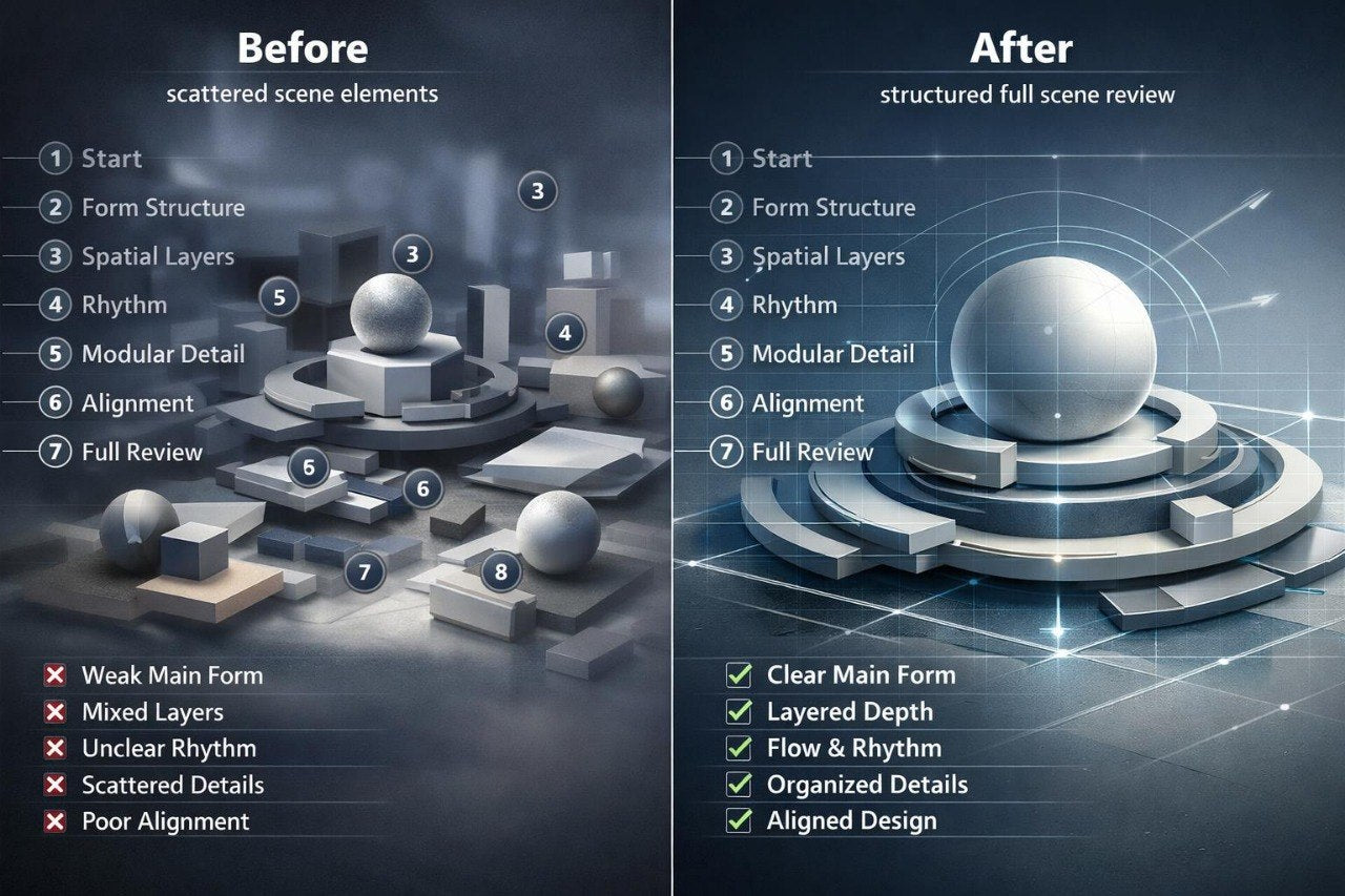 A split-screen comparison graphic labeled 'Before' and 'After' showing a 3D abstract scene with numbered steps and a checklist. The left side shows scattered gray geometric elements under the heading 'Before' and lists issues like weak main form and unclear rhythm.