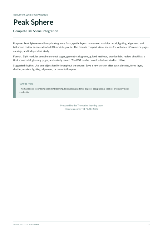 A single-page product document titled 'Peak Sphere' with descriptive text about a 3D scene integration course, photographed or scanned on a white background.