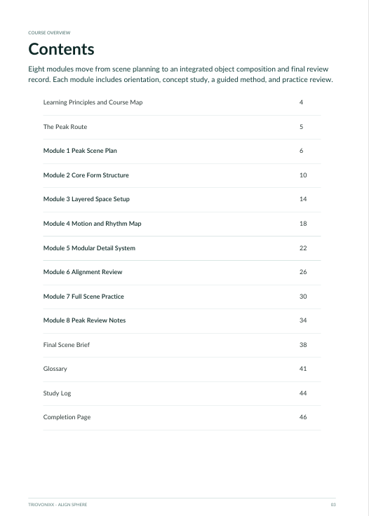 A printed table of contents page from a music theory or composition guide, listing module titles and page numbers under a course overview heading.